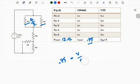 12calculate-the-resistance-r-current-i-and-voltage-for-each-resistor-draw-all-the-necessary-equivalent-circuits-write-all-your-work-and-fill-the-table-with-your-answers-r-9-i-amps-vv-ri-2-iz-34548