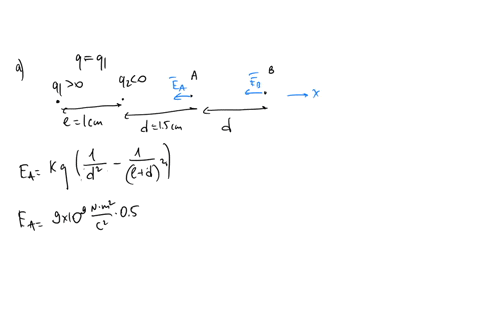 fields-and-forces-question-two-charged-metal-spheres-are-placed-in-a-row-as-shown-below-points-a-and-b-are-along-the-same-line-one-sphere-has-charge-05c-and-the-other-charge-05c-a-what-is-the-electric