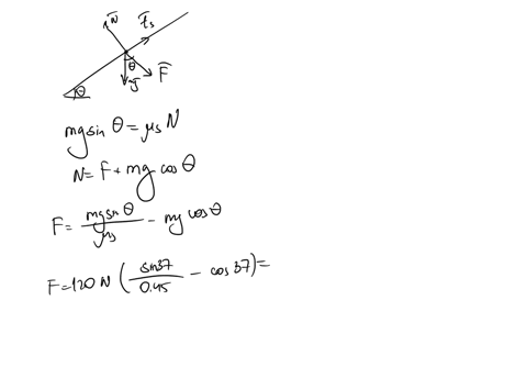 a-force-f-pushes-a-block-weighing-120-n-against-an-inclined-plane-inclined-at-an-angle-0-370-as-shown-in-the-figure-the-coefficients-of-static-and-kinetic-frictions-between-the-plane-and-the-85857