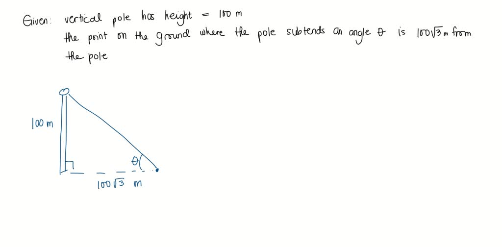 A vertical pole is 100 metres high. Find the angle subtended by the ...