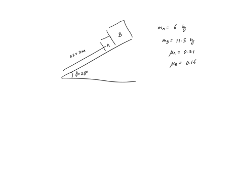 two-packages-at-ups-start-sliding-down-the-20-ramp-shown-in-the-figure-package-a-has-a-mass-of-600-kg-and-a-coefficient-of-kinetic-friction-of-0210-package-b-has-a-mass-of-115-kg-and-a-coeff-05997