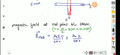 two-long-wires-carry-10-a-currents-in-the-directions-shown-in-the-figure-one-wire-is-10-cm-above-the-other-what-is-the-direction-of-the-magnetic-field-at-a-point-halfway-between-them-the-dir-51071