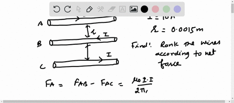 three-very-long-parallel-wires-a-small-portion-of-each-is-shown-in-the-drawing-are-resting-on-a-flat-surface-aq-the-distance-between-the-wires-is-equal-1700015-m-and-they-are-canying-the-sam-46268