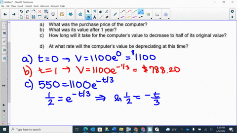 a-computer-that-is-purchased-today-depreciates-in-value-according-t0-the-function-vth0oe-where-represents-time_-in-years_-round-your-answer-t0-one-decimal-what-was-the-purchase-price-of-the-13957