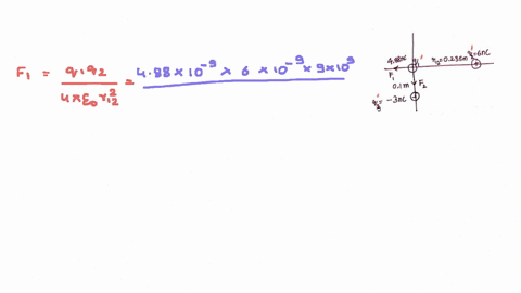 three-point-charges-are-arranged-as-shown-in-the-figure-below-find-the-magnitude-and-direction-of-the-electric-force-on-the-particle-q-488-nc-at-the-origin-let-r12-0235-m-magnitude-n-directi-37515