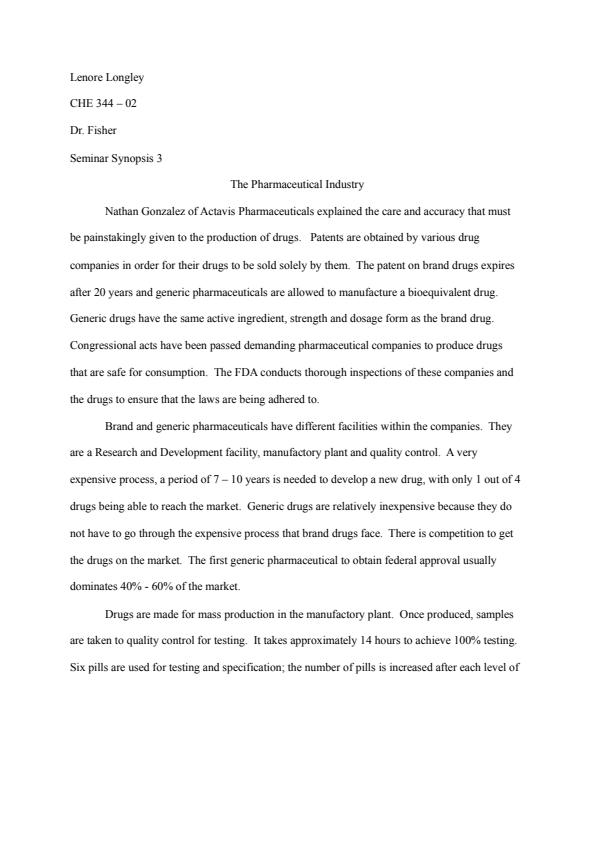 Note Cover for Seminar Synopsis 3 - presentation summary on the pharmaceutical industry