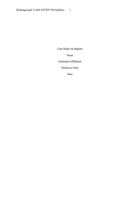 Note Cover for Case study on Epi Pens - Grade: 8.0