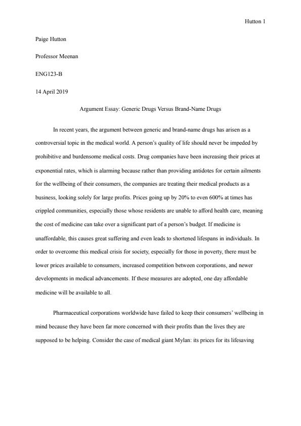 Note Cover for ENG123 Argument Paper - Grade: A+