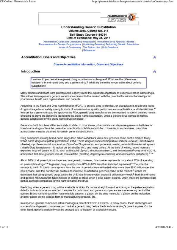Note Cover for CE Online Pharmacist's Letter - Understanding Generic Substitution