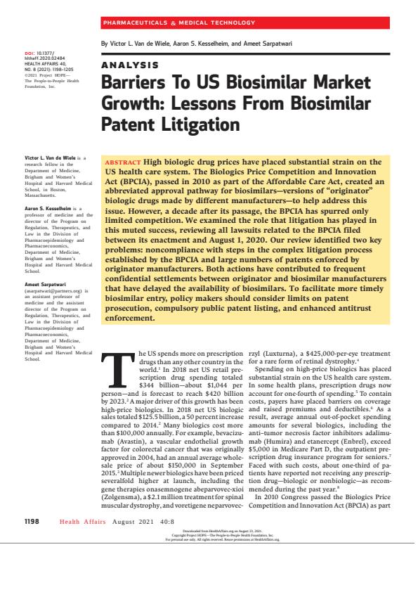 Note Cover for Barriers To US Biosimilar Market Growth: Lessons From Biosimilar Patent Litigation