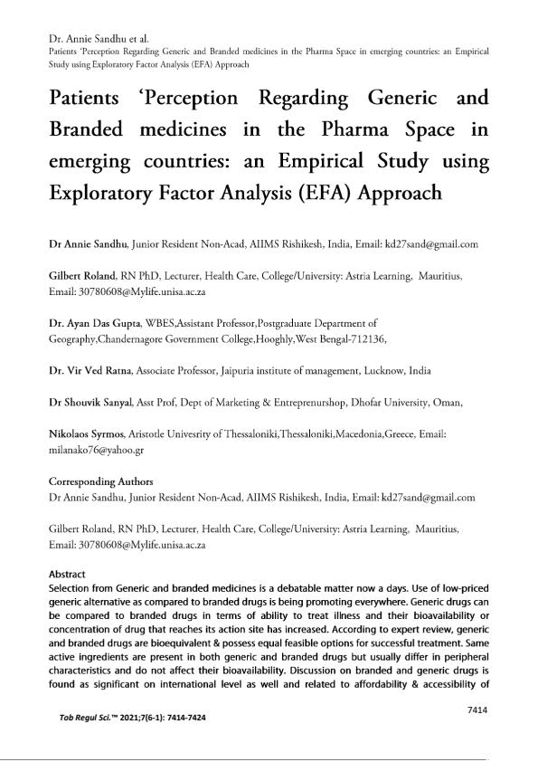 Note Cover for Patients' Perception regarding Generic and Branded medicines