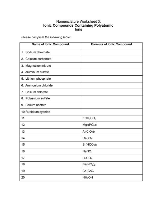 SOLVED: 2 Formulas of Ionic Compounds table to write out the positive ...