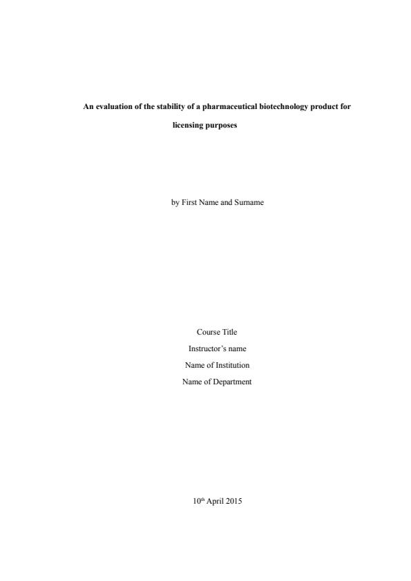 Note Cover for An evaluation of the stability of a pharmaceutical biotechnology product for licensing purposes