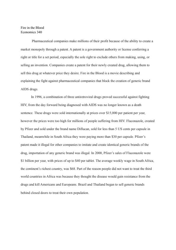 Note Cover for Economics 340 - Fire in The Blood Documentary