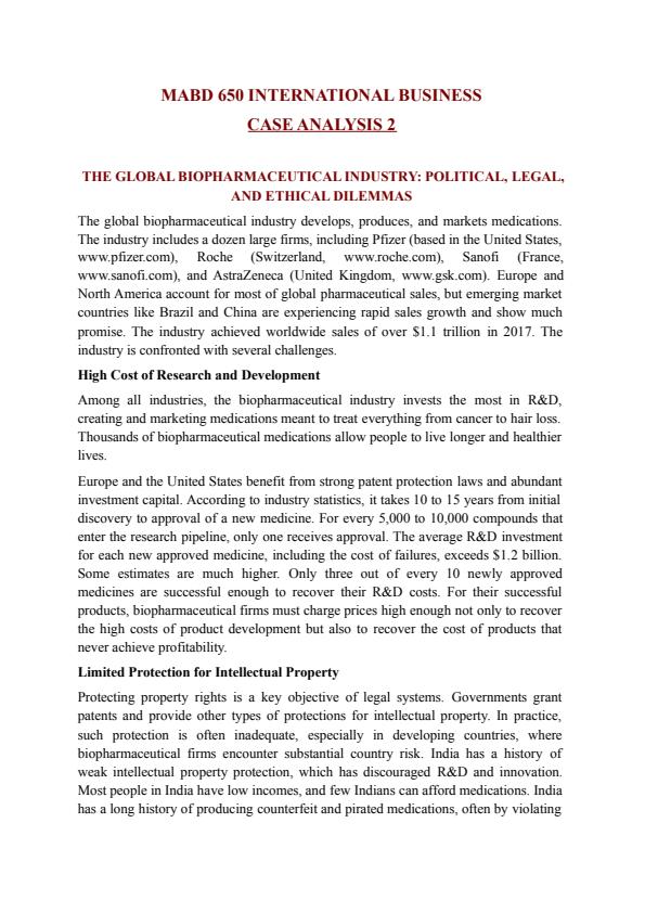Note Cover for Case 2 The Global Biopharmaceutical Industry