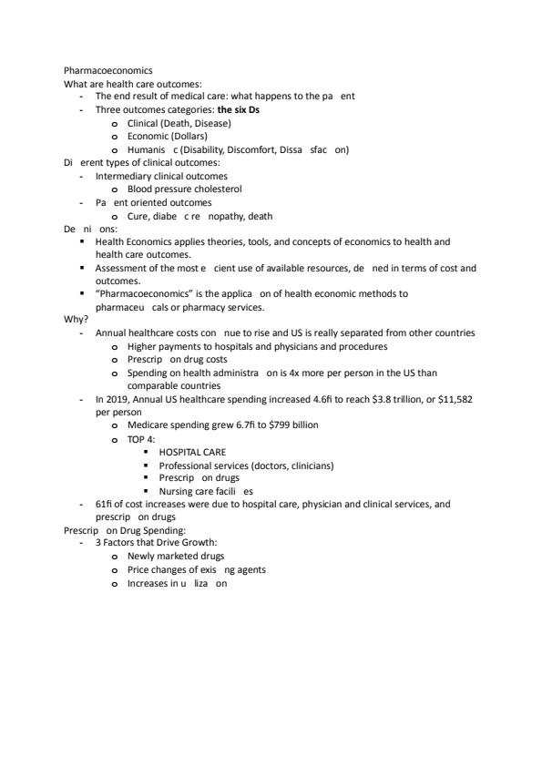 Note Cover for Pharmacoeconimcs Exam 1
