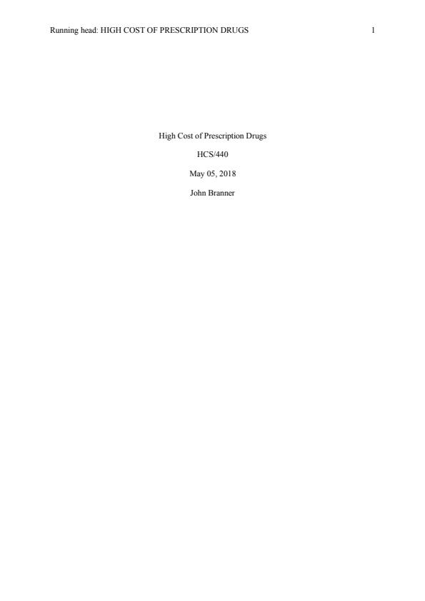 Note Cover for HCS 440 High Cost of Prescription Drugs
