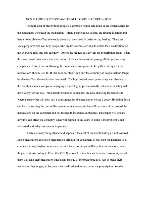 Note Cover for HCS 539 Prescriptions AND Health CARE Lecture Notes