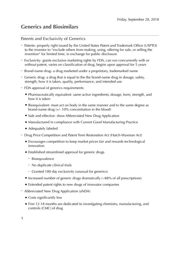 Note Cover for Generics and Biosimilars
