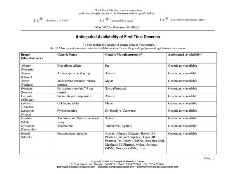 Note Cover for Anticipated Availability of First Time Generics 360506