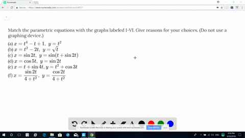 Solved Match The Parametric Equations With The Graphs Labeled I Vi Give Reasons For Your Choices Do Not Use A Graphing Device A X T 4 T 1 Y