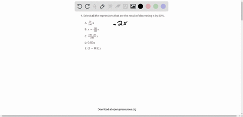 select-all-the-expressions-that-are-the-result-of-decreasing-x-by-80-a-frac20100-x-b-x-frac80100-x-c