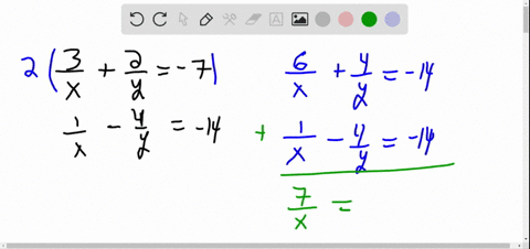 use-the-elimination-method-to-solve-the-system-beginalignedfrac3xfrac2y-7frac1x-frac4y-14endaligned