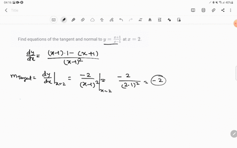 find-equations-of-the-tangent-and-normal-to-yfracx1x-1-at-x2-4