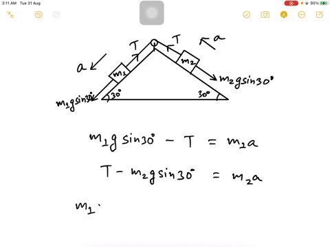 two-masses-40-mathrmkg-and-30-mathrmkg-are-connected-by-a-weightless-string-passing-over-a-frictionl