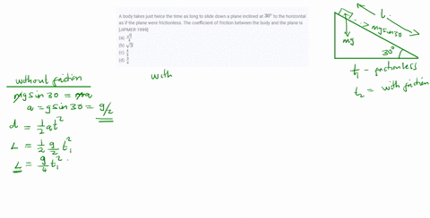 a-body-takes-just-twice-the-time-as-long-to-slide-down-a-plane-inclined-at-30circ-to-the-horizontal-