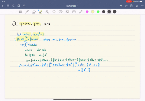 the-region-bounded-by-the-graphs-of-yln-x-y0-and-xe-is-revolved-about-the-y-axis-find-the-volume-of-
