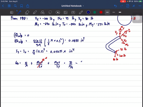 the-1-in-diameter-rod-is-subjected-to-the-loads-shown-determine-the-state-of-stress-at-point-b-and-s