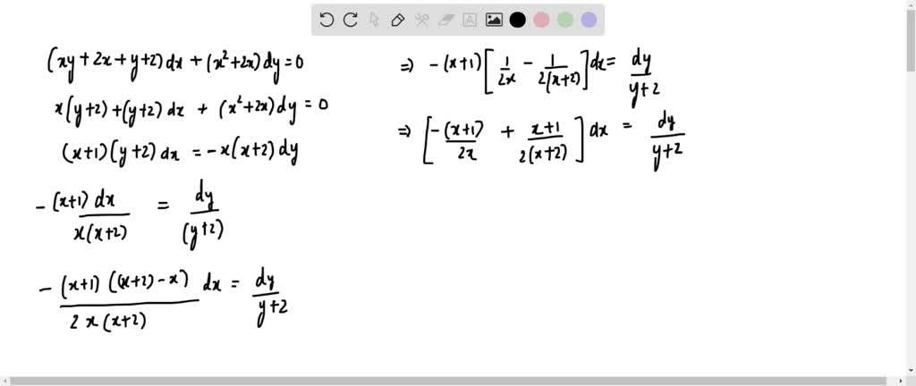 Solve each of the differential equations. (x y+2 x+y+2) d x+(x^2+2 x) d ...