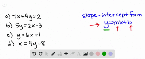 determine-whether-each-equation-is-in-slope-intercept-form-a-7-x4-y2-b-5-y2-x-3-c-y6-x1-d-x4-y-8