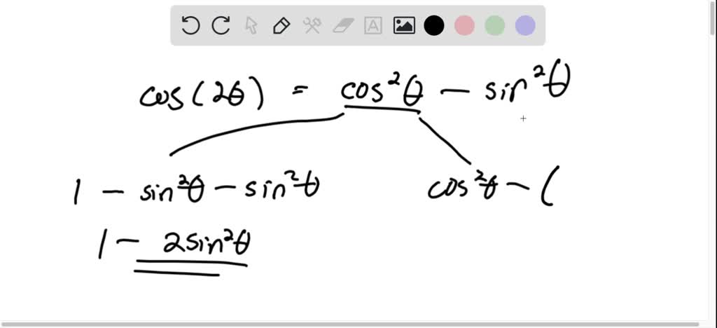 SOLVED:Show that cos^2(θ)-sin^2(θ)=2 cos^2(θ)-1=1-2 sin^2(θ) for all θ.