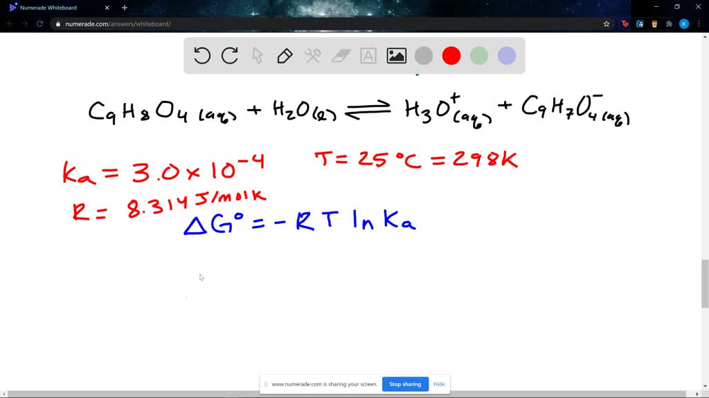 SOLVEDAt 25^∘ C, Ka for acid dissociation of aspirin (C9 H8 O4) is 3.0