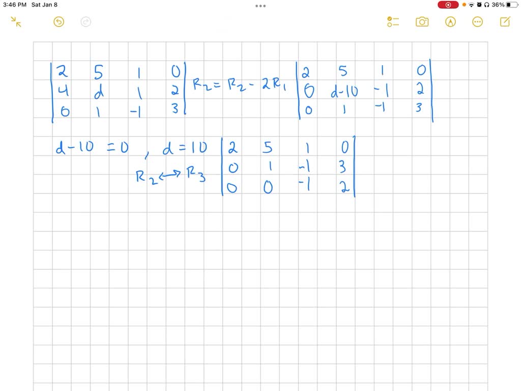 Which number d forces a row exchange, and what is the triangular system ...