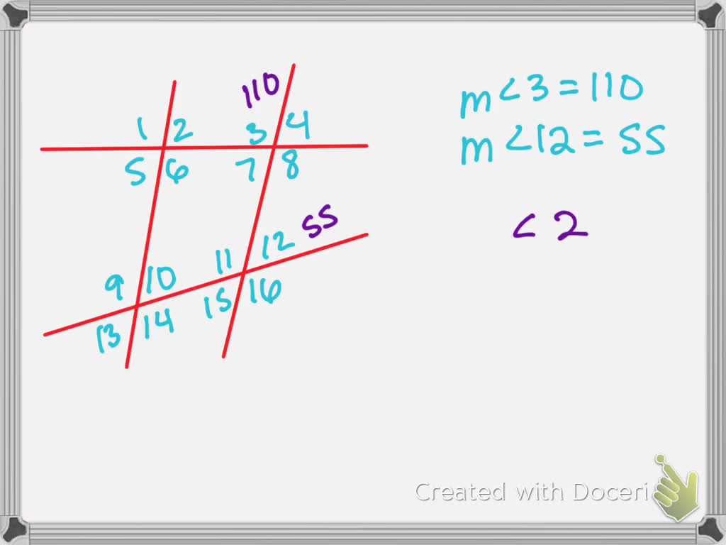 SOLVED:In the figure, m ∠3=110 and m ∠12=55 . Find the measure of each ...