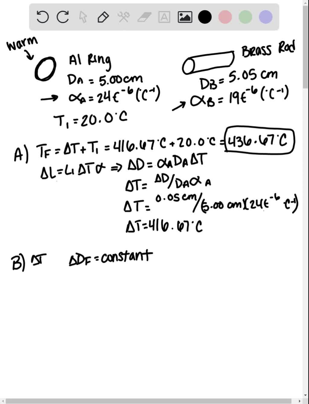 SOLVEDAt 20.0^∘ C, an aluminum ring has an inner diameter of 5.0000 cm and a brass rod has a