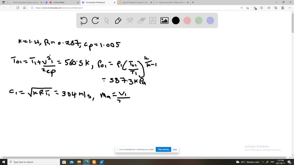 SOLVEDAir enters a normal shock at 26 kPa, 230 K, and 815 m / s