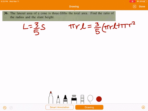 the-lateral-area-of-a-cone-is-three-fifths-the-total-area-find-the-ratio-of-the-radius-and-the-slant