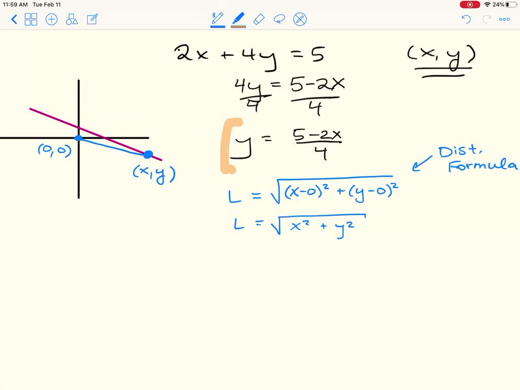 Solved Consider The Point X Y Lying On The Graph Of The Line 2 X 4 Y 5 Let L Be The Distance From The Point X Y To The Origin 0 0 Write