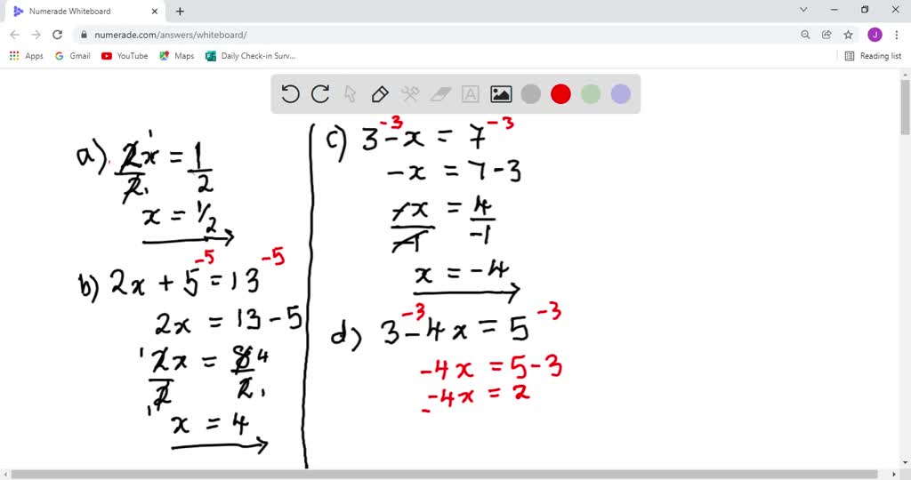 SOLVED:Solve the following equations. a. x+7=3 b. -10+x=-7 c. -x=5