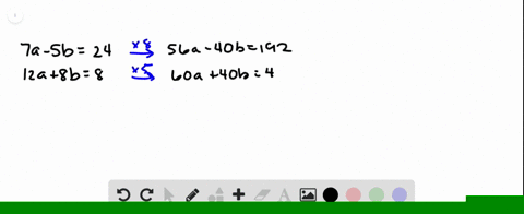 use-the-elimination-method-to-solve-each-system-leftbeginarrayl-7-a-5-b24-12-a8-b8-endarrayright