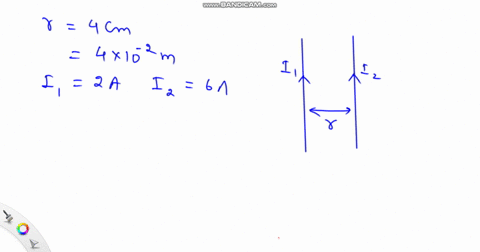 two-long-parallel-wires-in-vacuum-are-4-mathrmcm-apart-and-carry-currents-of-2-mathrma-and-6-mathrma