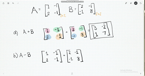 SOLVED:Find (a) A+B,(b) A-B,(c) 2 A,(d) 2 A-B and (e) B+(1)/(2) A A=[ 1 ...