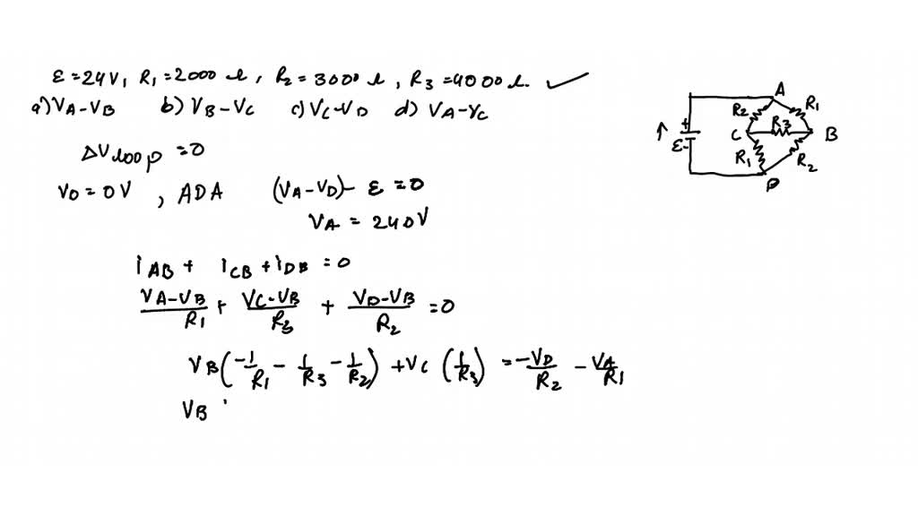 In Fig. 2735, 8=24.0 V, R1=2000 Ω, R2=3000 Ω, and R3=4000 Ω. What are the potential differences
