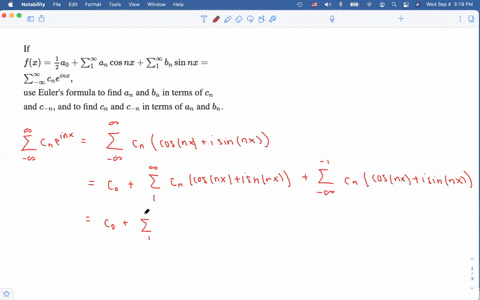 if-fxfrac12-a_0sum_1infty-a_n-cos-n-xsum_1infty-b_n-sin-n-xsum_-inftyinfty-c_n-ei-n-x-use-eulers-for