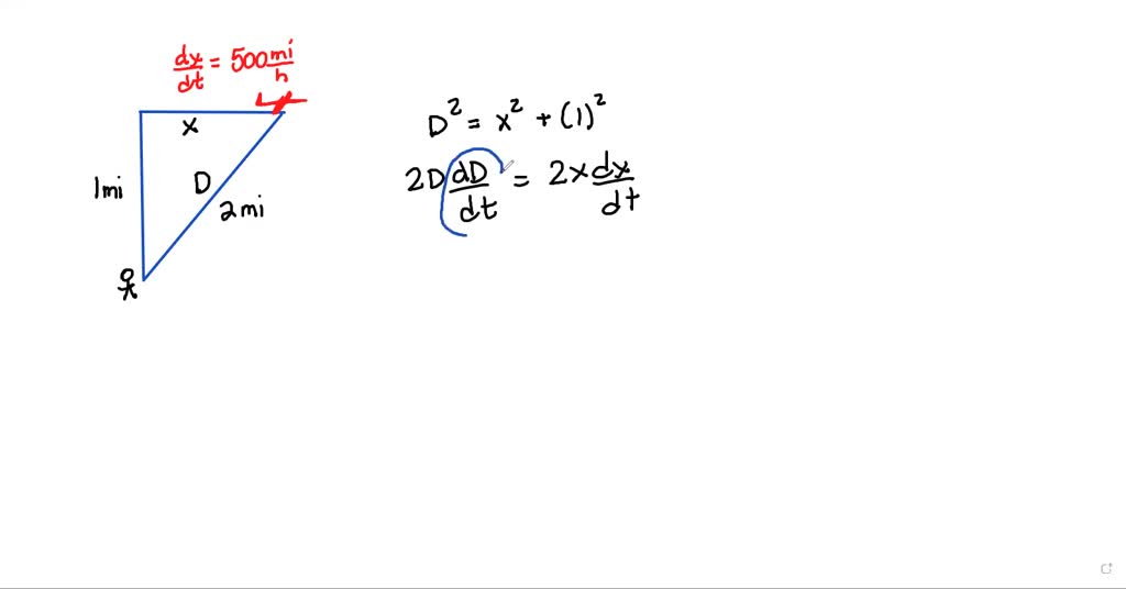 A plane flying horizontally at an altitude of 1 mi and a speed of 500 ...