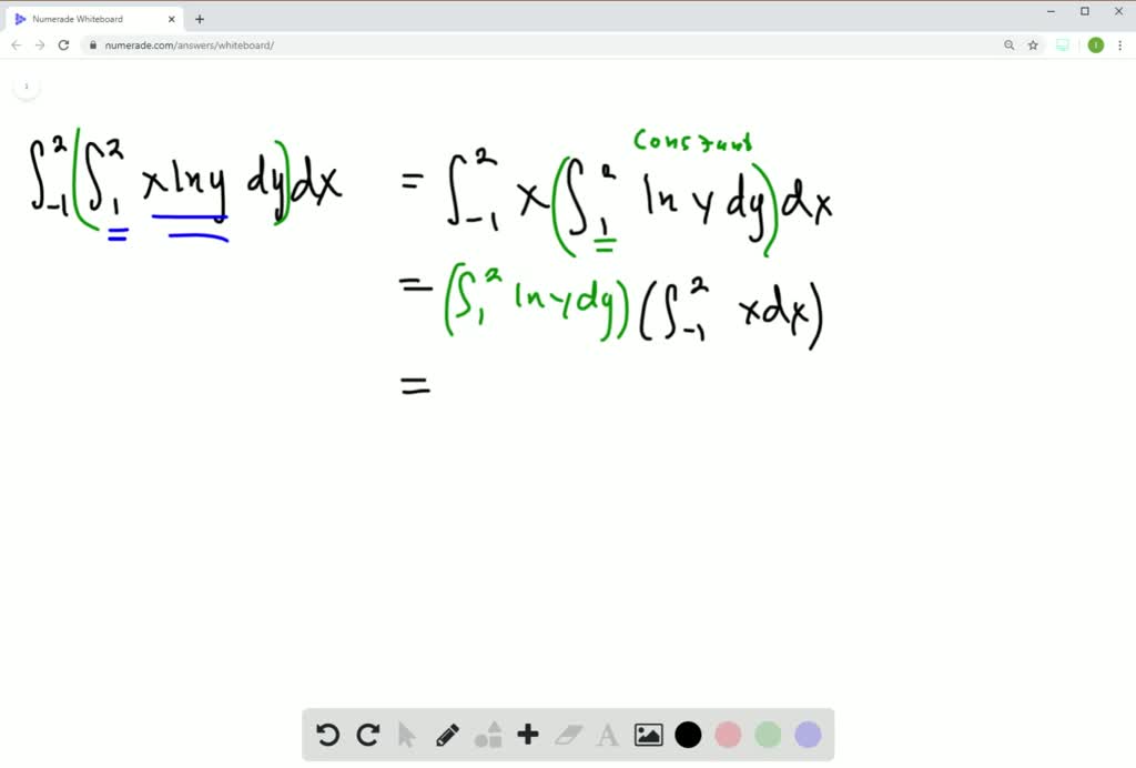 SOLVED: Calculate the iterated integral ∫ 2 1 ∫ 3 1 ln x ln y xy dxdy ...